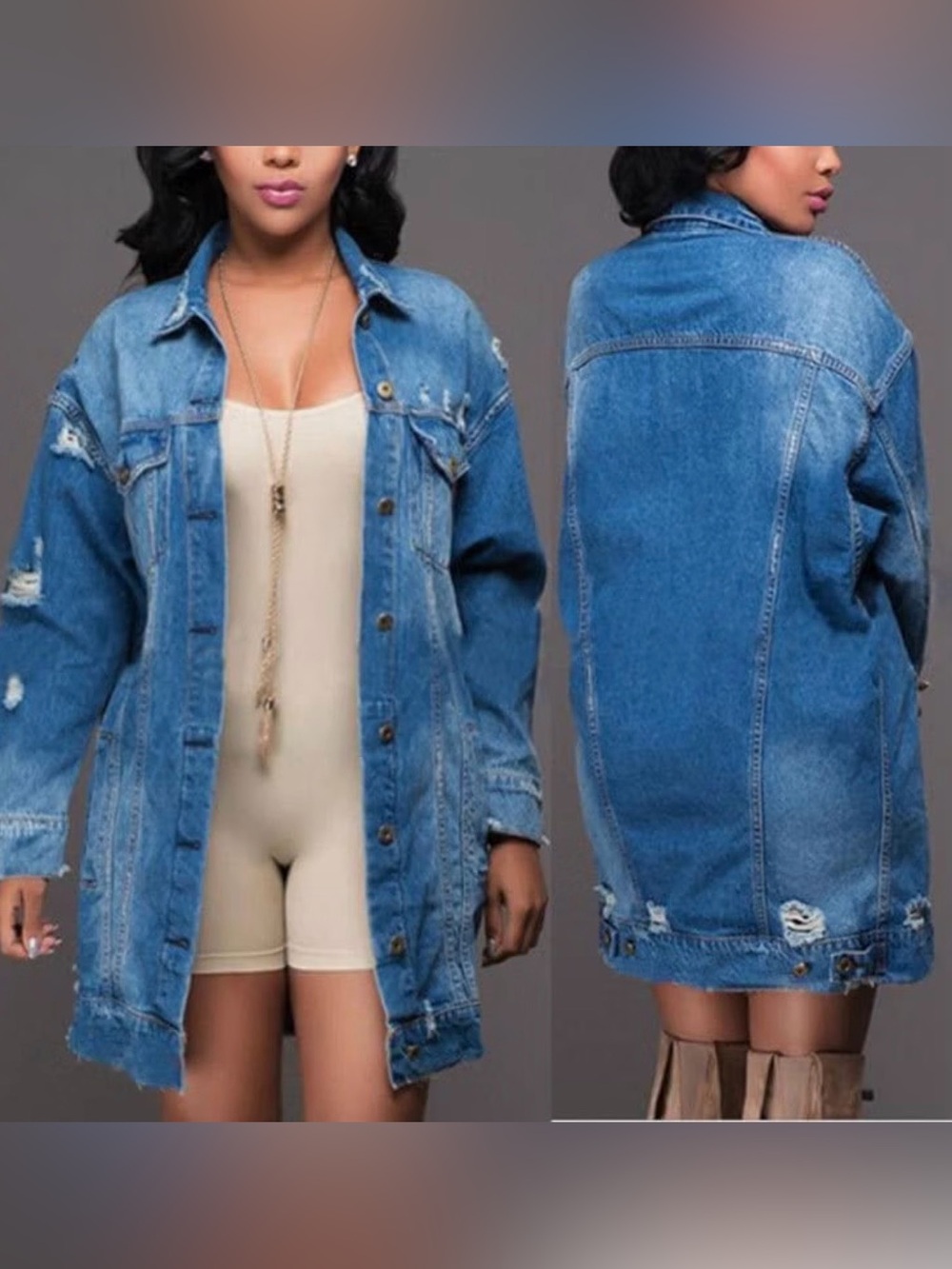 Blue Distressed Oversized Denim Jacket